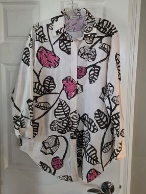 Maude Vivante Black White Abstract Floral Shirt Dress Large